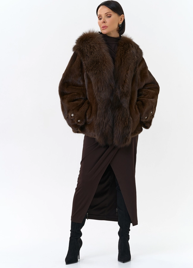 Шуба из норки с отделкой из меха чернобурки модель № 32030 универмаг малина фото