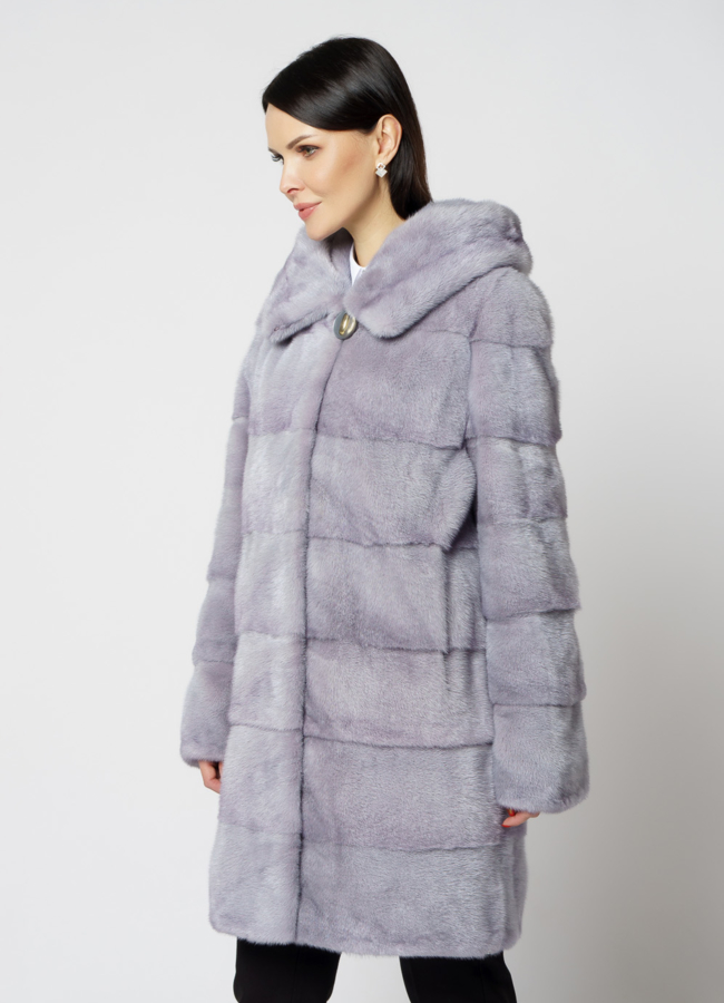 Шуба из норки с капюшоном и кулиской голубого цвета модель № 29121 в кредит