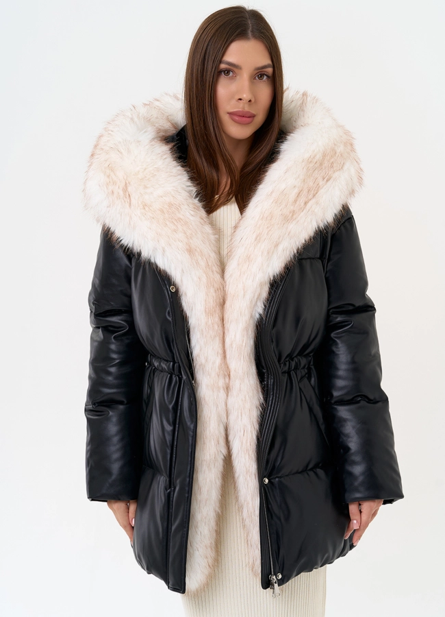 фото Женский пуховик из эко кожи с отделкой из эко меха модель № 30734