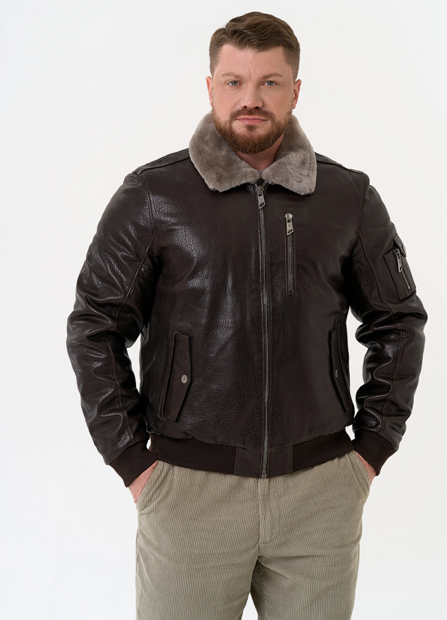 Мужская дубленка коричневого цвета модель № 31793 меха малина