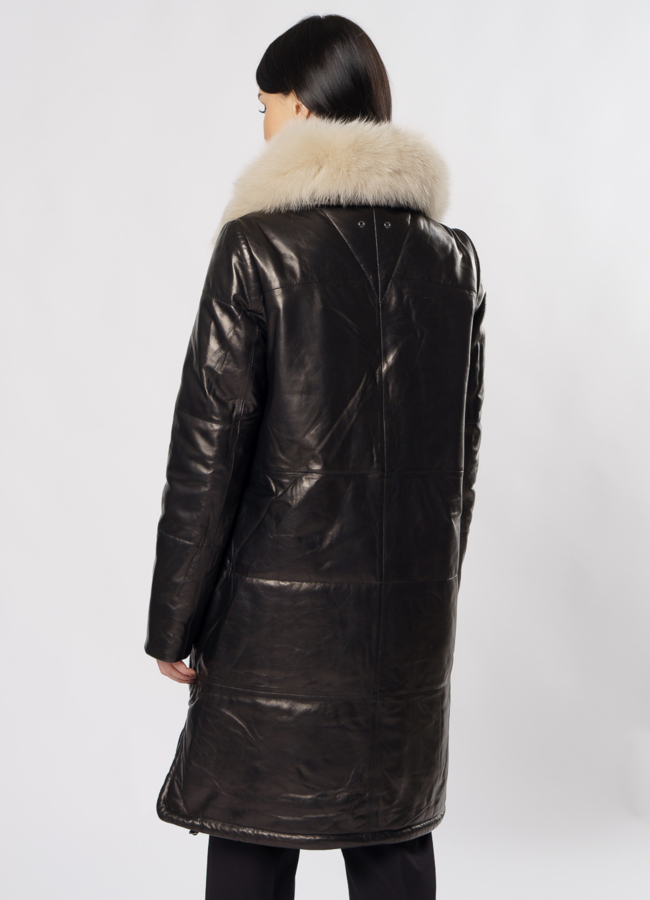 Пуховик из натуральной кожи на молнии черного цвета модель № 917 в рассрочку