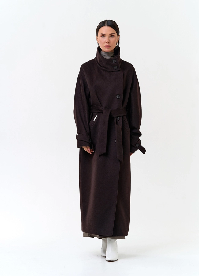 Женское длинное пальто с воротником стойкой модель № 33856 меха малина