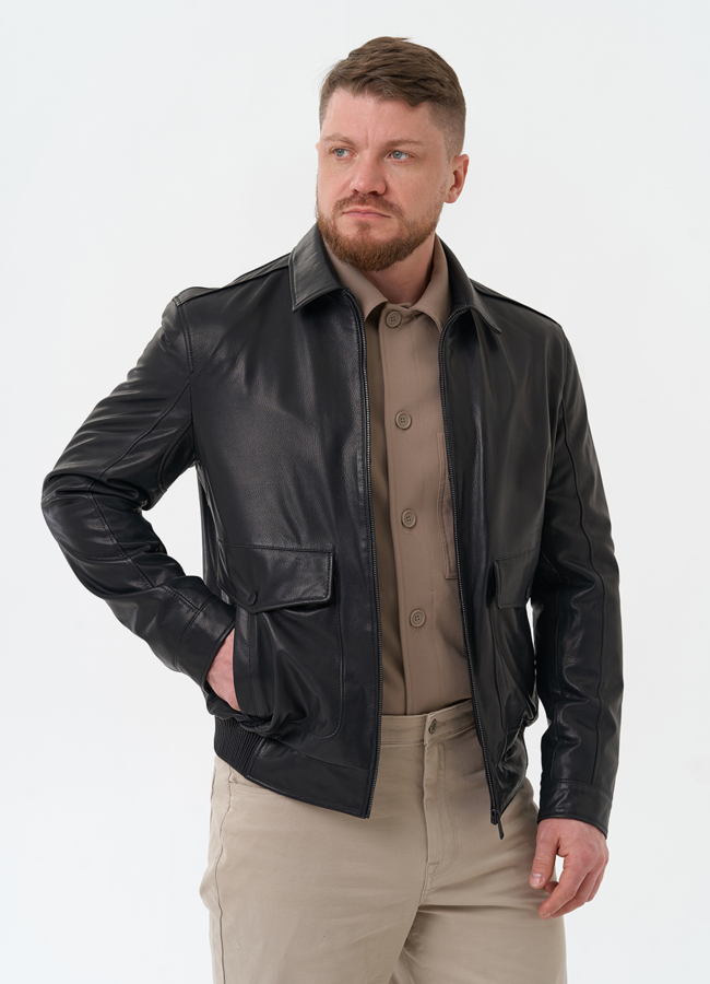 Мужская куртка из натуральной кожи черного цвета  модель № 30068 универмаг малина