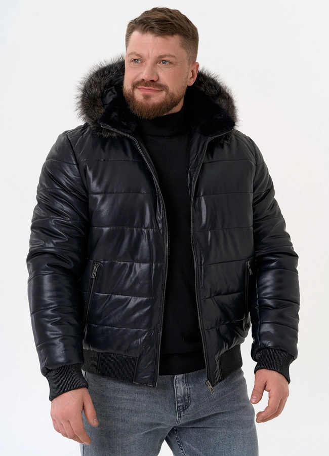 Пуховик из эко кожи черного цвета  модель № 31724 универмаг малина
