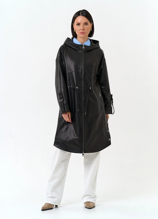 Женский плащ из натуральной кожи с капюшоном модель № 33142 универмаг малина