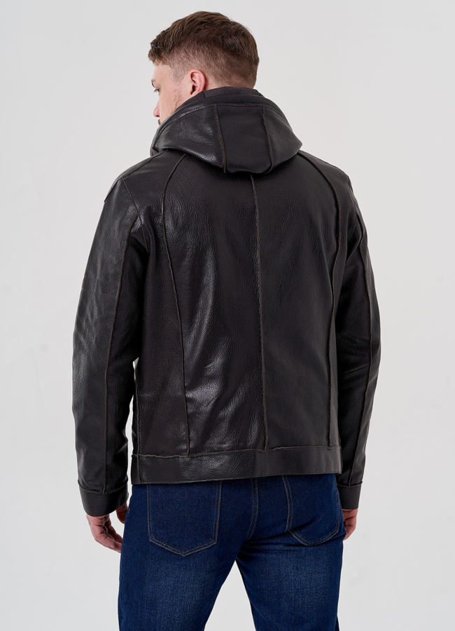 Мужская кожаная куртка с капюшоном модель № 24388 универмаг малина