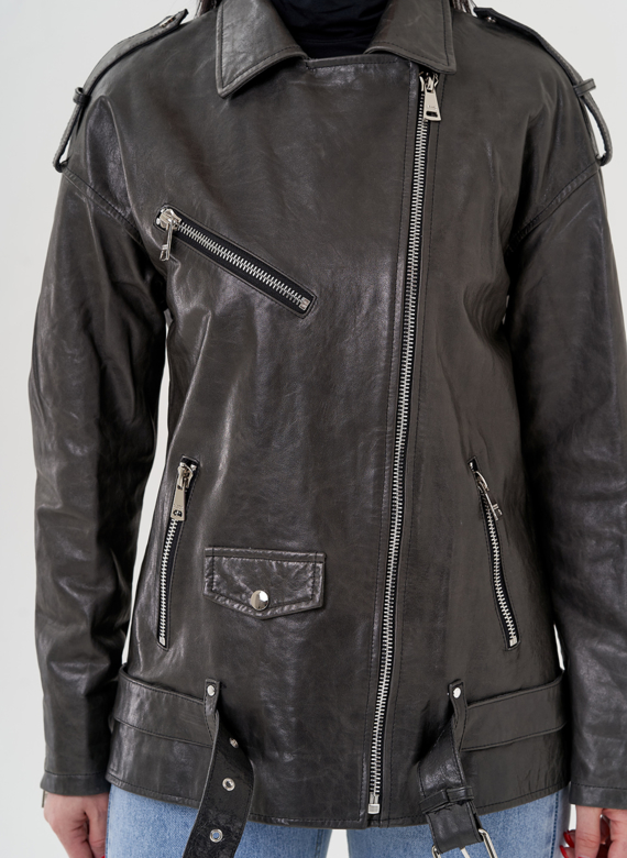 Длинная косуха из натуральной кожи серого цвета