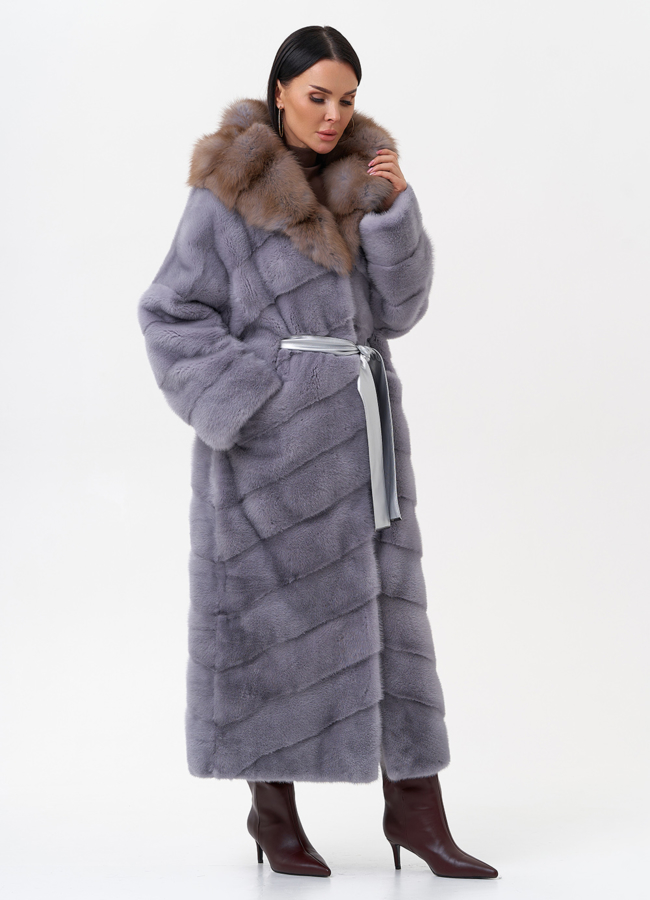 Норковая шуба с капюшоном из меха куницы модель № 27567 в кредит