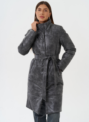 Пуховик из эко кожи с поясом