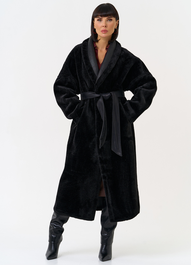 Женская двухсторонняя дубленка из эко замши с воротником шаль модель № 31506 универмаг малина