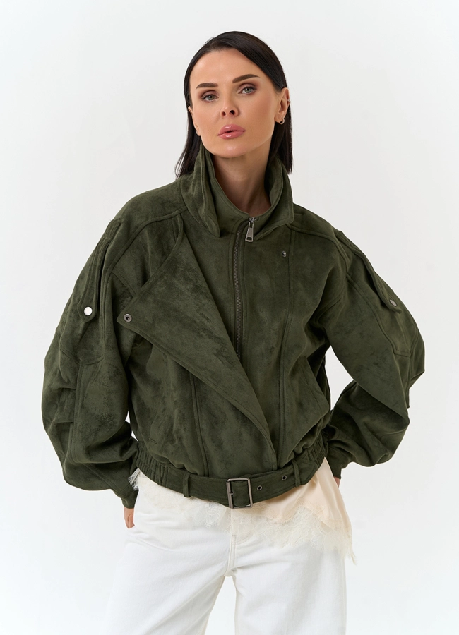 Женская куртка бомбер из эко замши  модель № 33034 меха малина