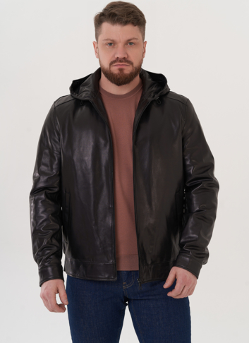 Мужской кожаный бомбер с капюшоном