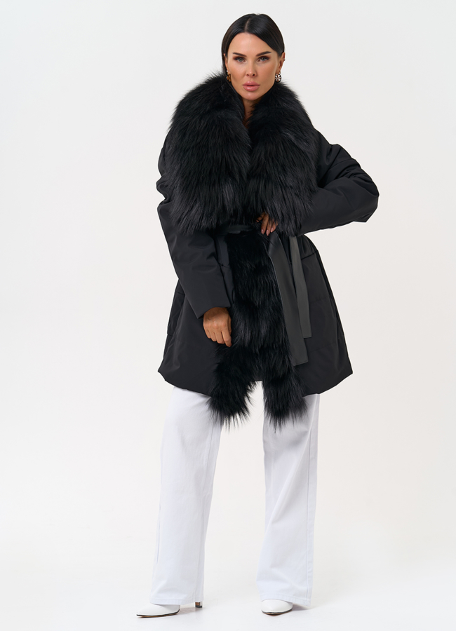 Женское зимнее полупальто черного цвета с мехом лисы модель № 31406 универмаг малина