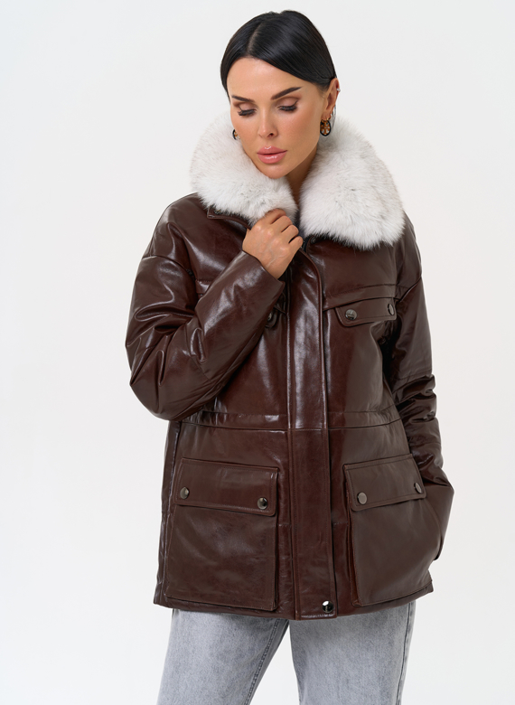 Коричневый кожаный пуховик
