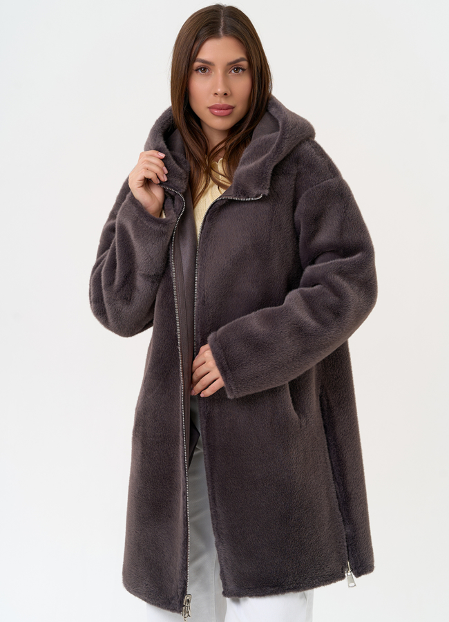 Женская двухсторонняя дубленка из эко замши с капюшоном модель № 31435 универмаг малина
