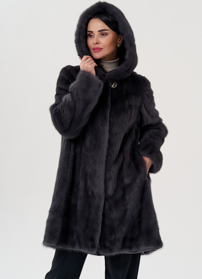 Норковая шуба балетка, в цвете графит с капюшоном модель № 25006 универмаг малина