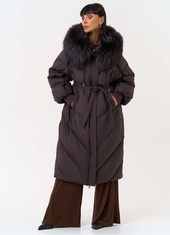 Женский пуховик с капюшоном из меха чернобурки модель № 31538 универмаг малина