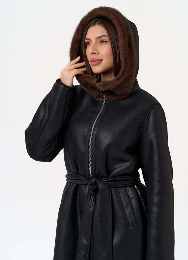 Женская дубленка из эко замши с поясом модель № 31432 универмаг малина