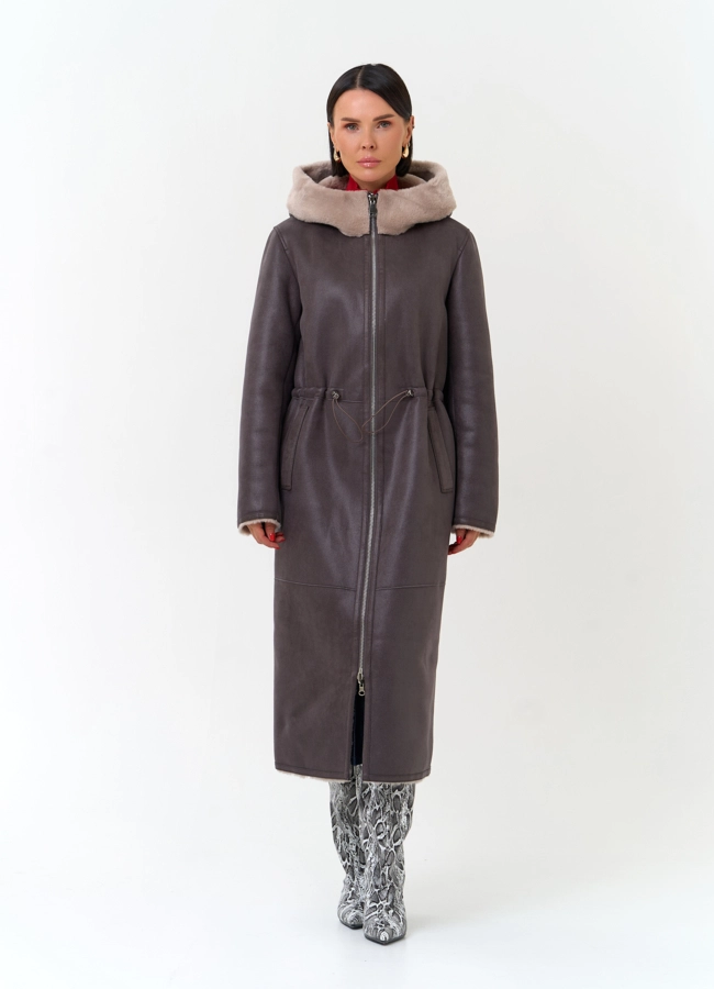Женская дубленка из эко замши модель № 33912 меха малина