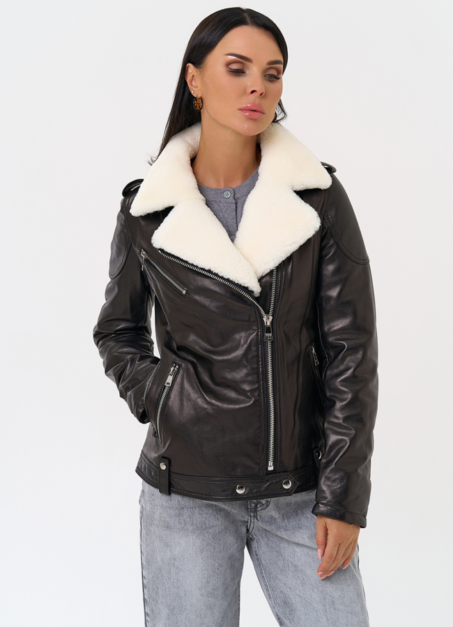 Утепленная кожаная куртка с мехом модель № 75330 универмаг малина