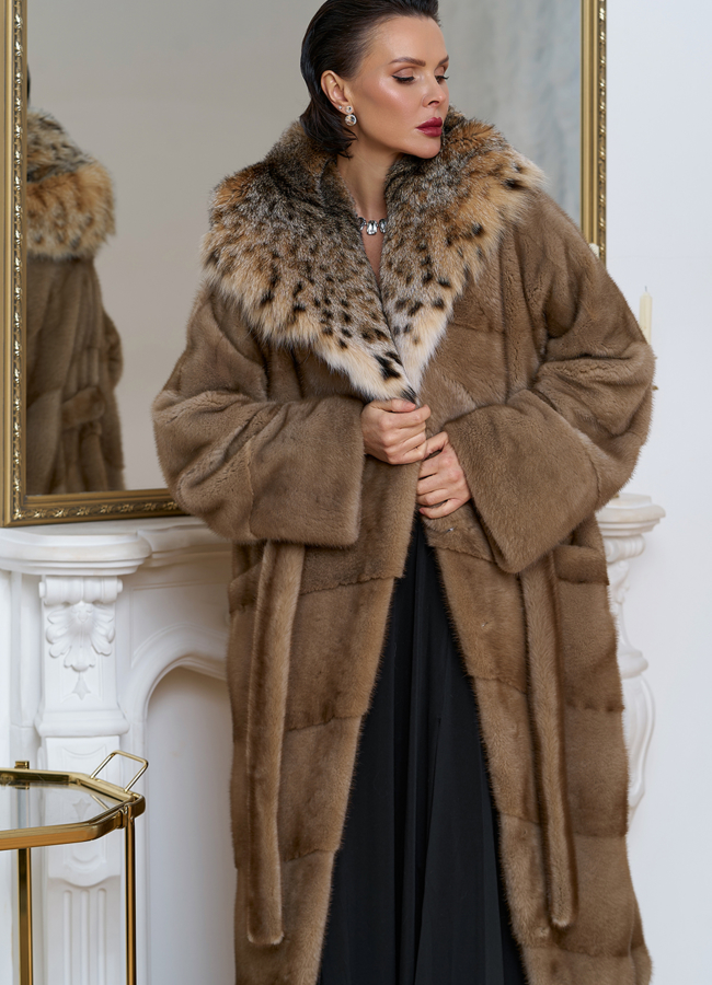 Женская шуба из меха норки с капюшоном из меха рыси модель № 31162 универмаг малина