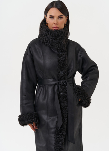 Женская дубленка из эко замши с поясом