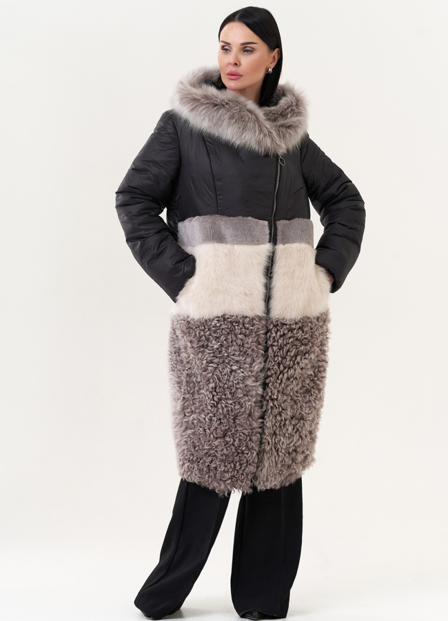 Комбинированный пуховик с овчиной модель № 26911 универмаг малина