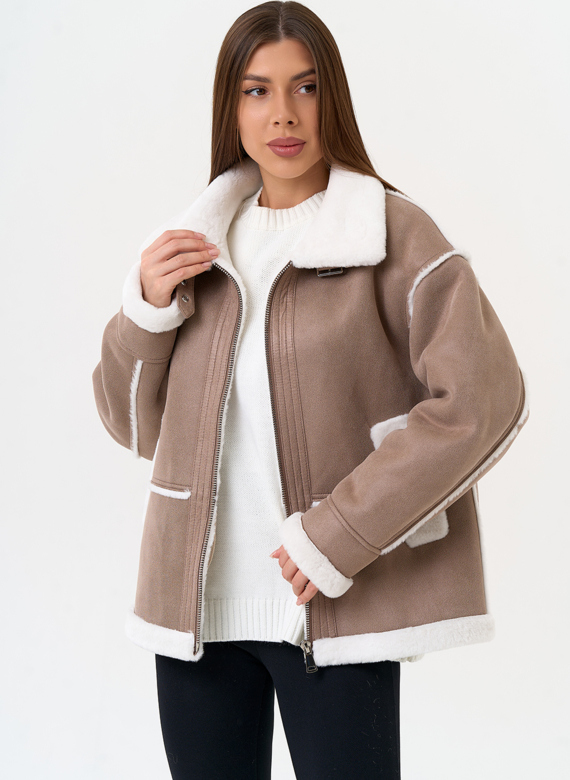 Женская дубленка из эко замши с воротником стойкой