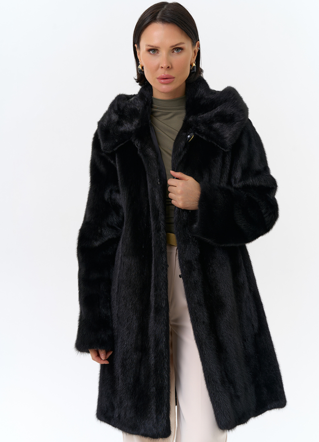 Шуба из норки с капюшоном черного цвета модель № 27662 универмаг малина