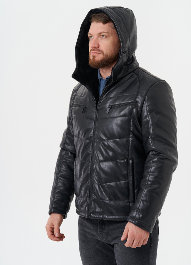 Утепленная куртка из эко кожи с капюшоном модель № 27739 универмаг малина