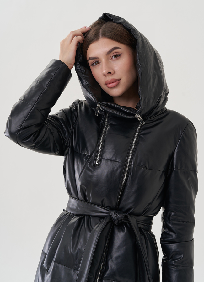 Женский пуховик из эко кожи с капюшоном модель № 24865 универмаг малина