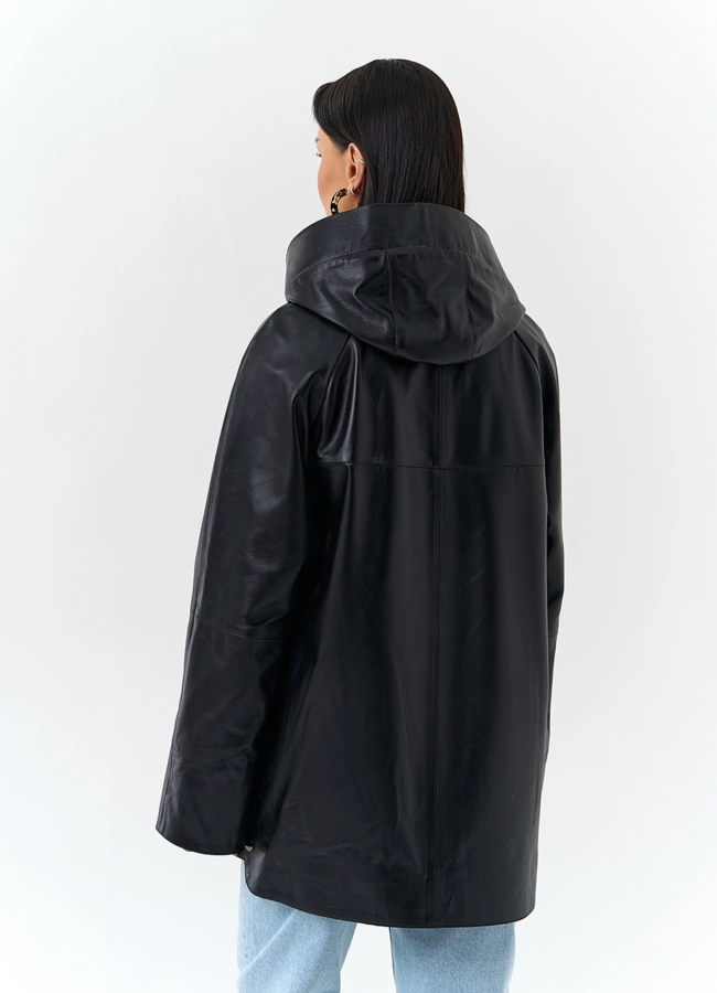 фото Женская куртка из натуральной кожи с капюшоном модель № 32874