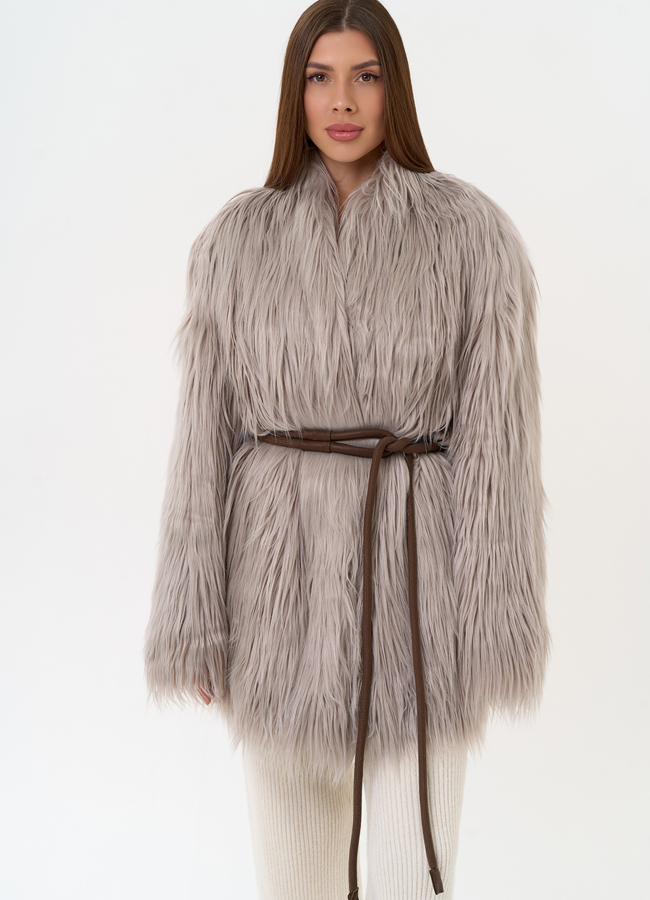 фото Женская шуба из эко меха с декоративным поясом модель № 31529
