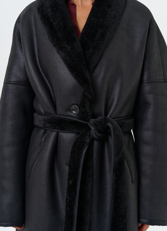 Женская двухсторонняя дубленка из эко замши с воротником шаль модель № 31506 универмаг малина