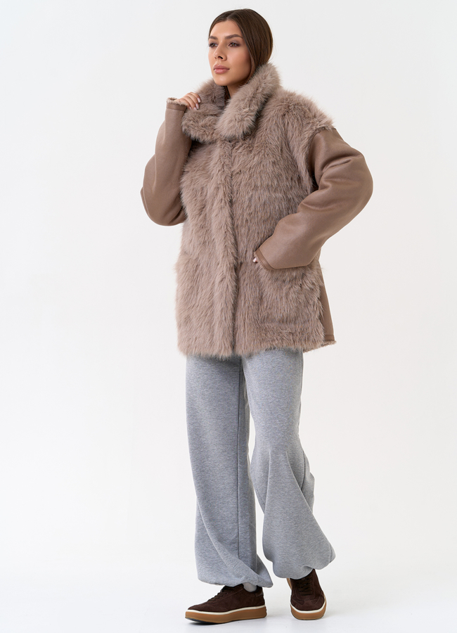 Женская дубленка из эко замши с отделкой из эко меха модель № 31325 универмаг малина