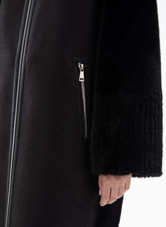 Женская двухсторонняя дубленка из эко кожи с воротником стойкой