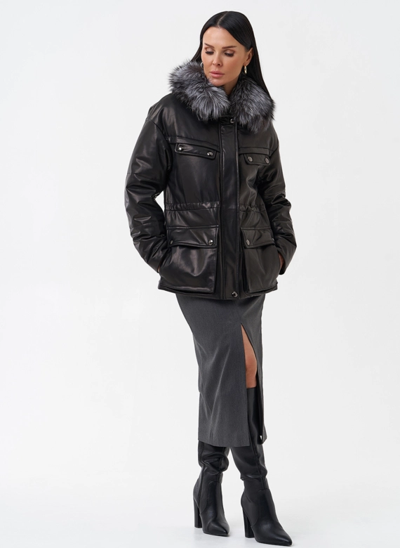 Кожаный пуховик с мехом
