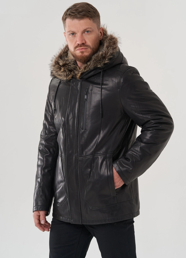 Мужская куртка с капюшоном на мехе из волка модель № 25614 в кредит